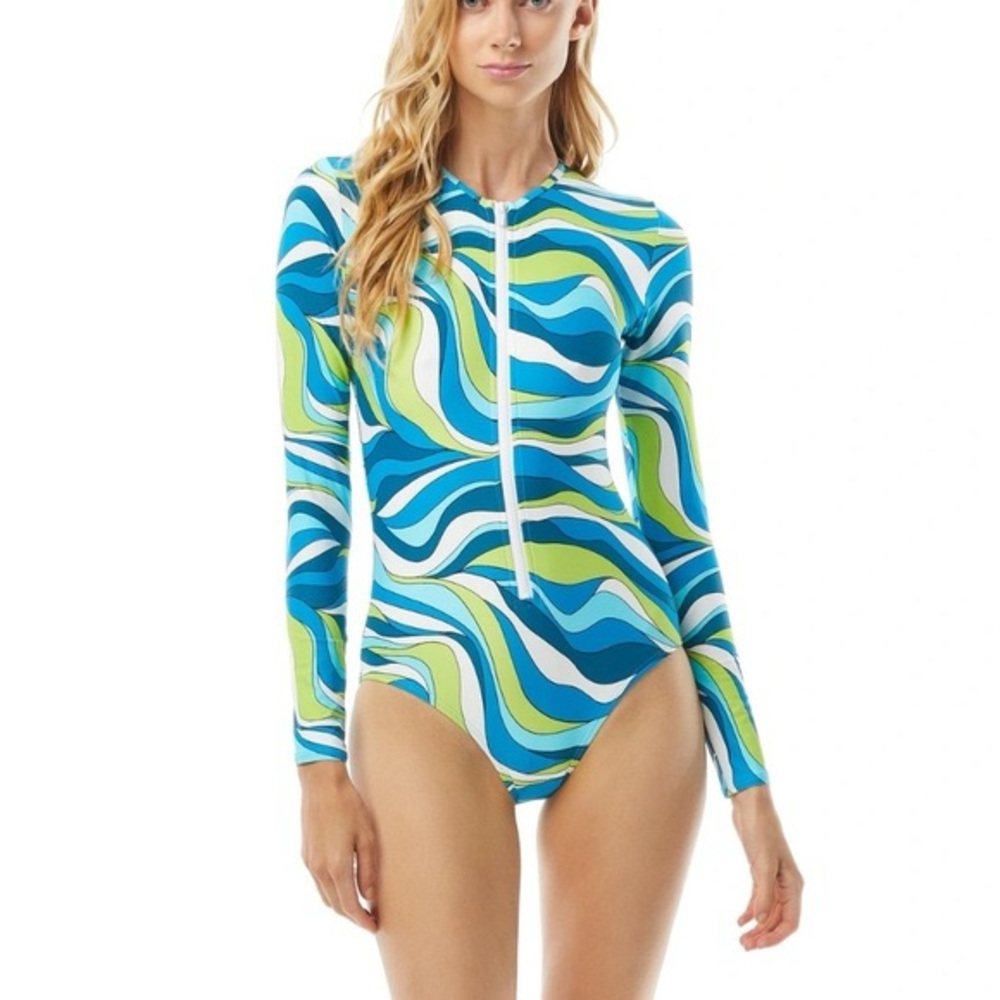 MICHAEL Michael Kors Blue, Teal & Lime Long-Sleeve One-Piece Swimsuit